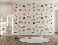 Animal pattern wallpaper in beige and brown with a soft watercolor look.