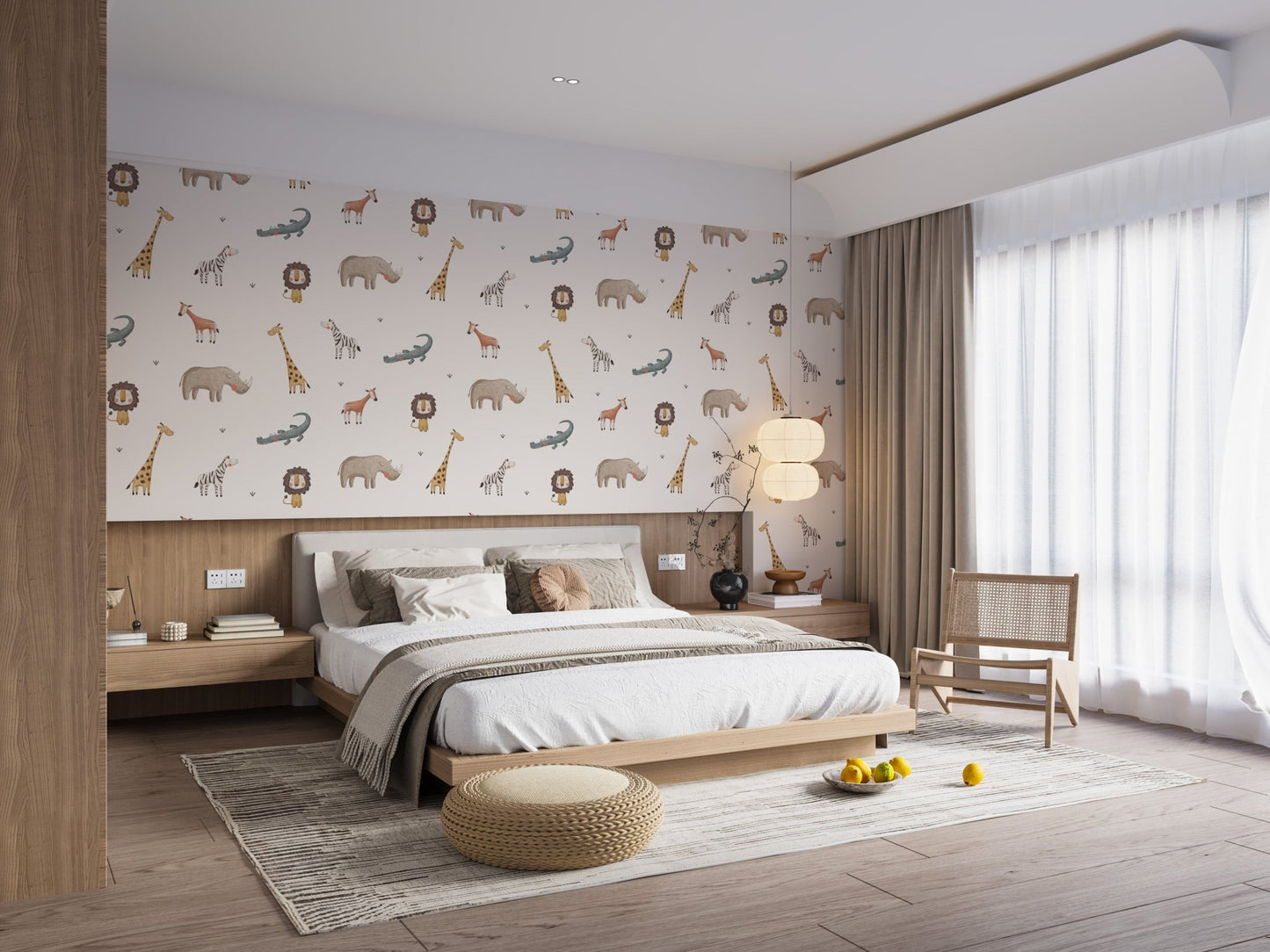 Cute jungle wall mural for bedroom in soft beige with playful animals.