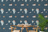 Dark blue ocean theme wallpaper behind a small dining table and green plant.