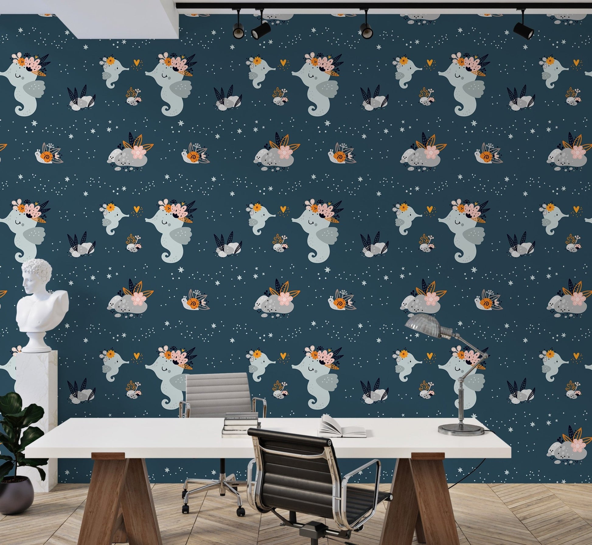 Marine life wallpaper on a dark blue background in a modern office with white desks.