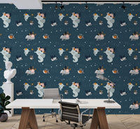 Marine life wallpaper on a dark blue background in a modern office with white desks.