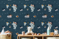 Adorable baby sea animals wallpaper with repeat pattern in playroom.
