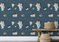 Sea creature repeat pattern wallpaper in a room with a wooden bench and wicker basket.