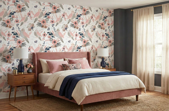 Cute Birds and Modern Floral Self Adhesive Wallpaper in bedroom with pink velvet bed.