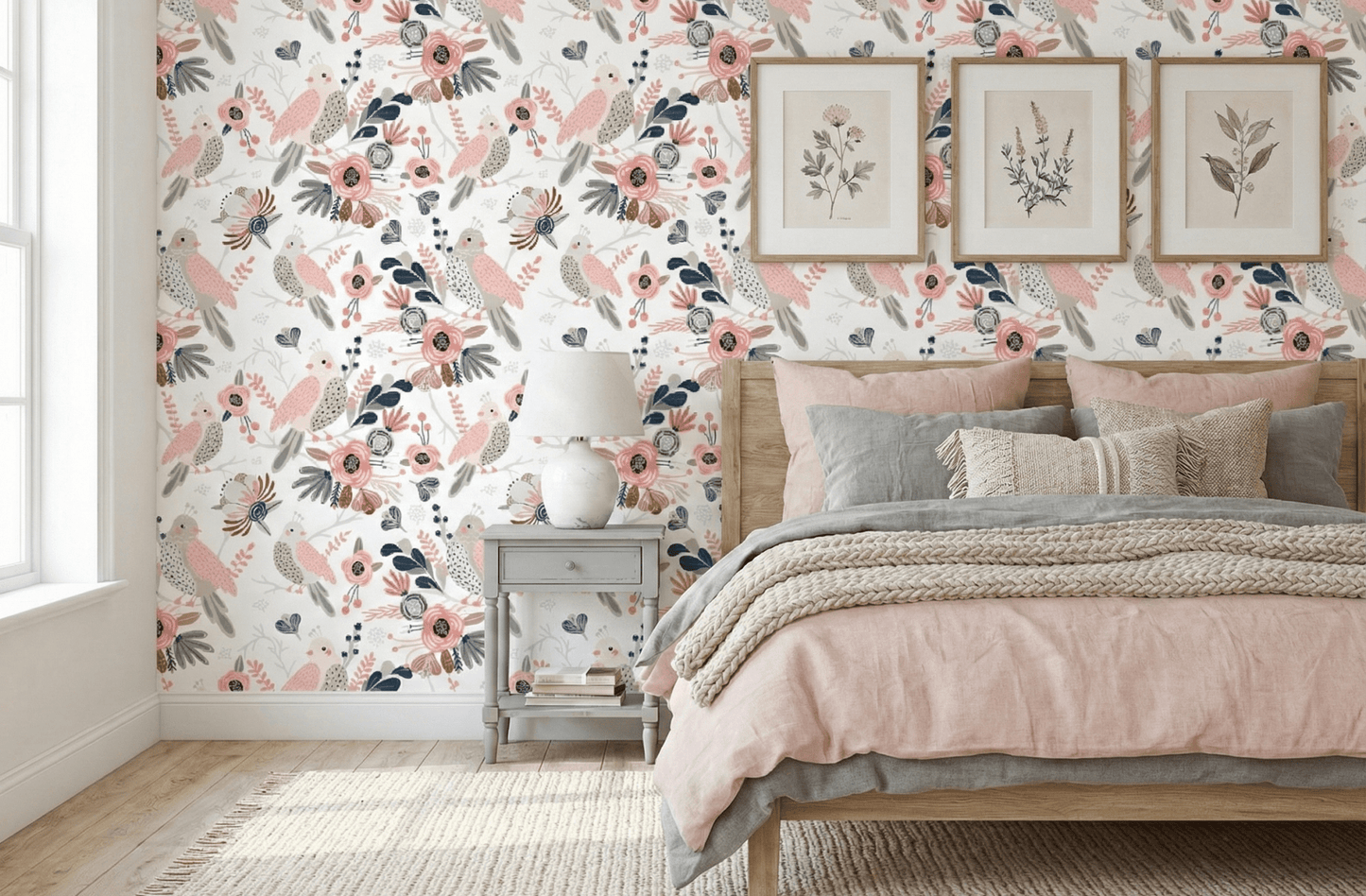 Minimalist bedroom featuring Cute Birds and Modern Floral Self Adhesive Wallpaper.