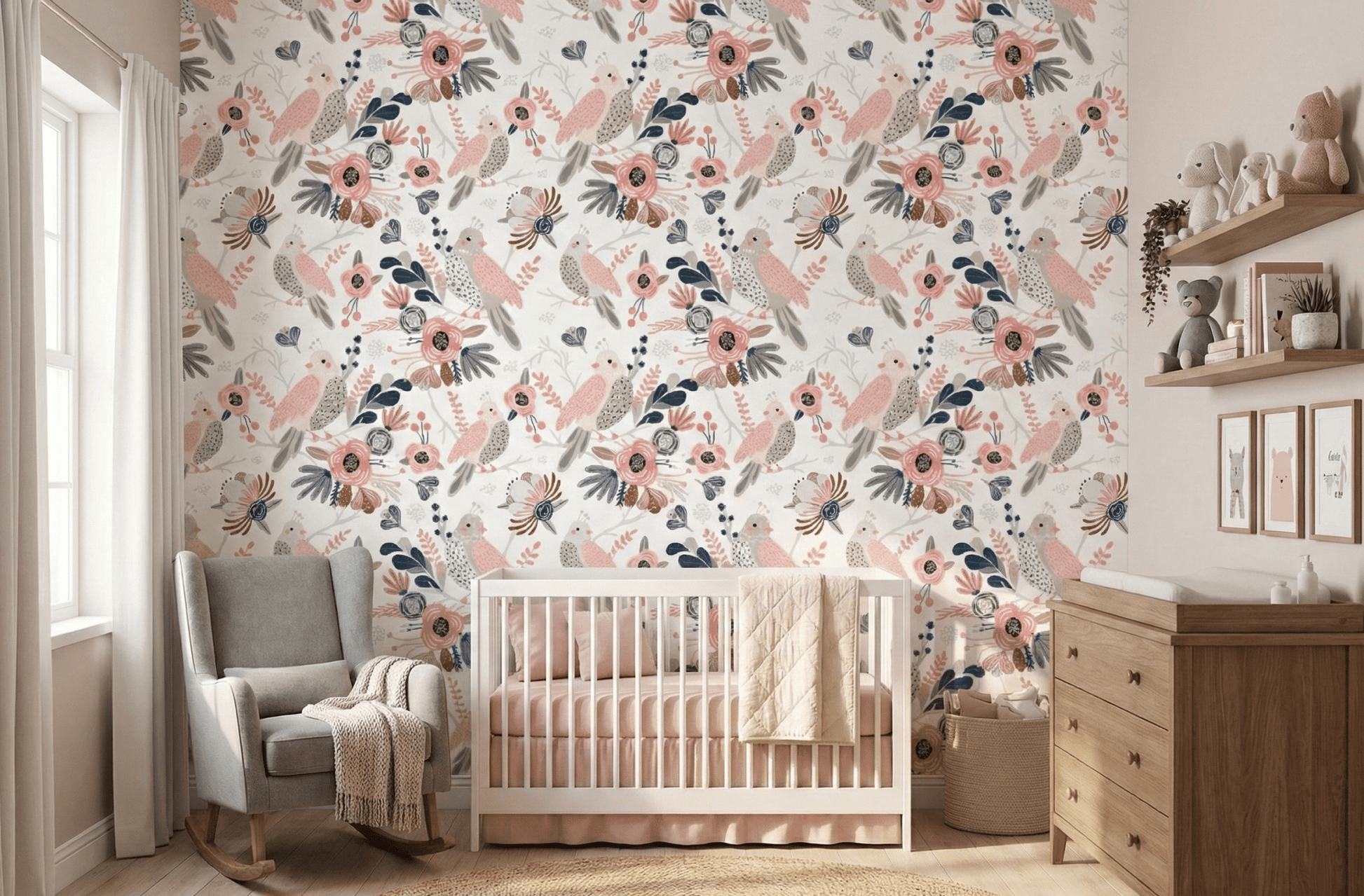 Nursery wallpaper with floral bird illustrations behind a white wooden crib.