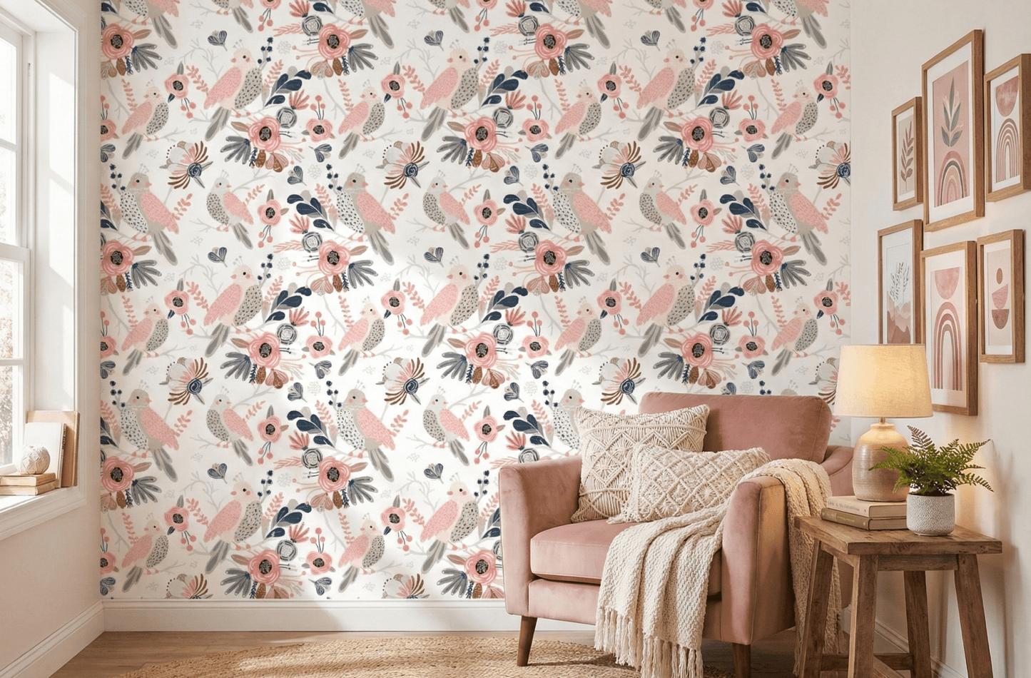 Pink and navy bird pattern wallpaper behind a dusty rose armchair in living area.