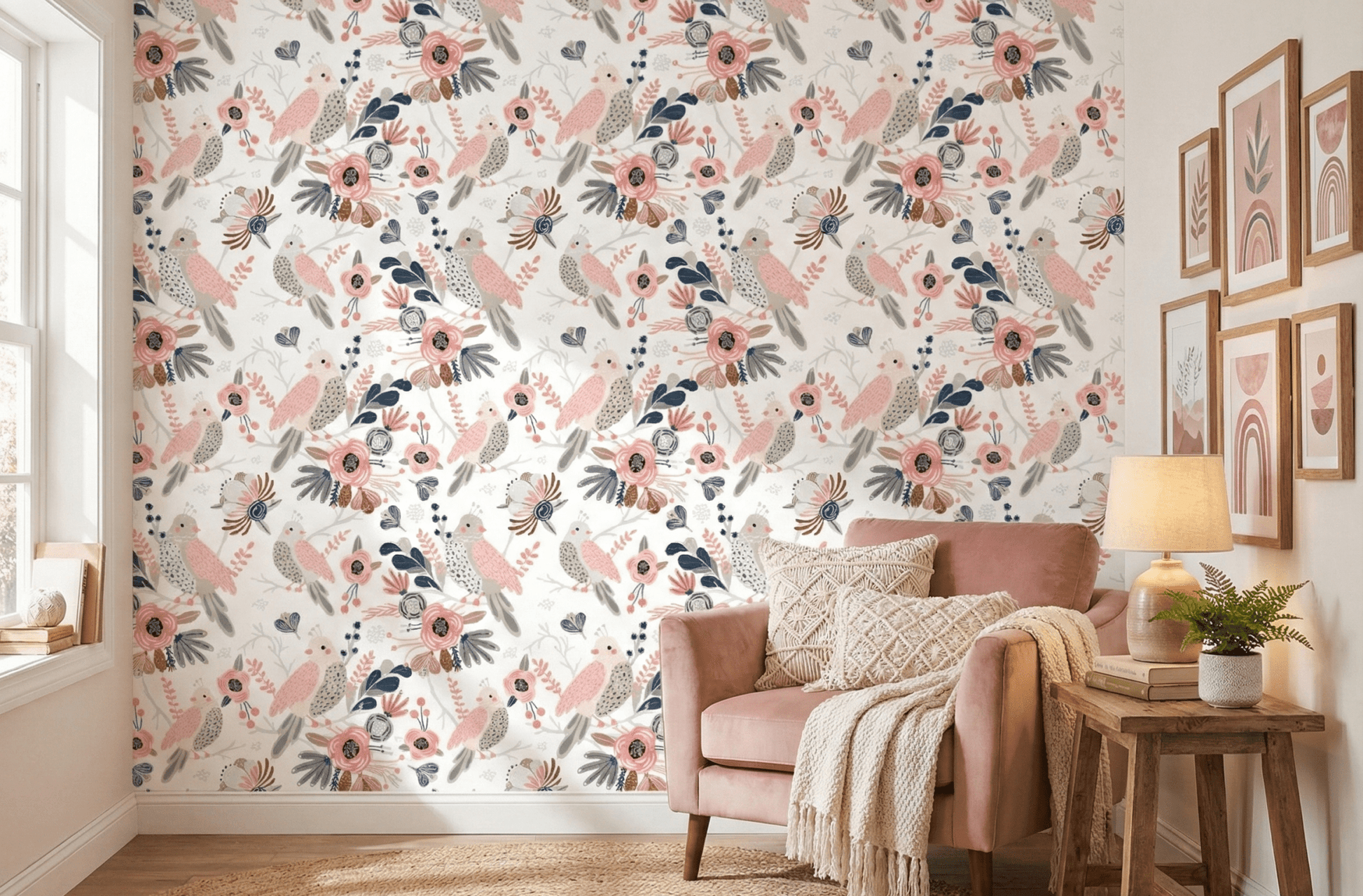 Pink and navy bird pattern wallpaper behind a dusty rose armchair in living area.