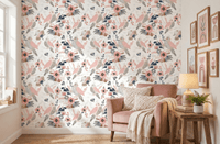 Pink and navy bird pattern wallpaper behind a dusty rose armchair in living area.