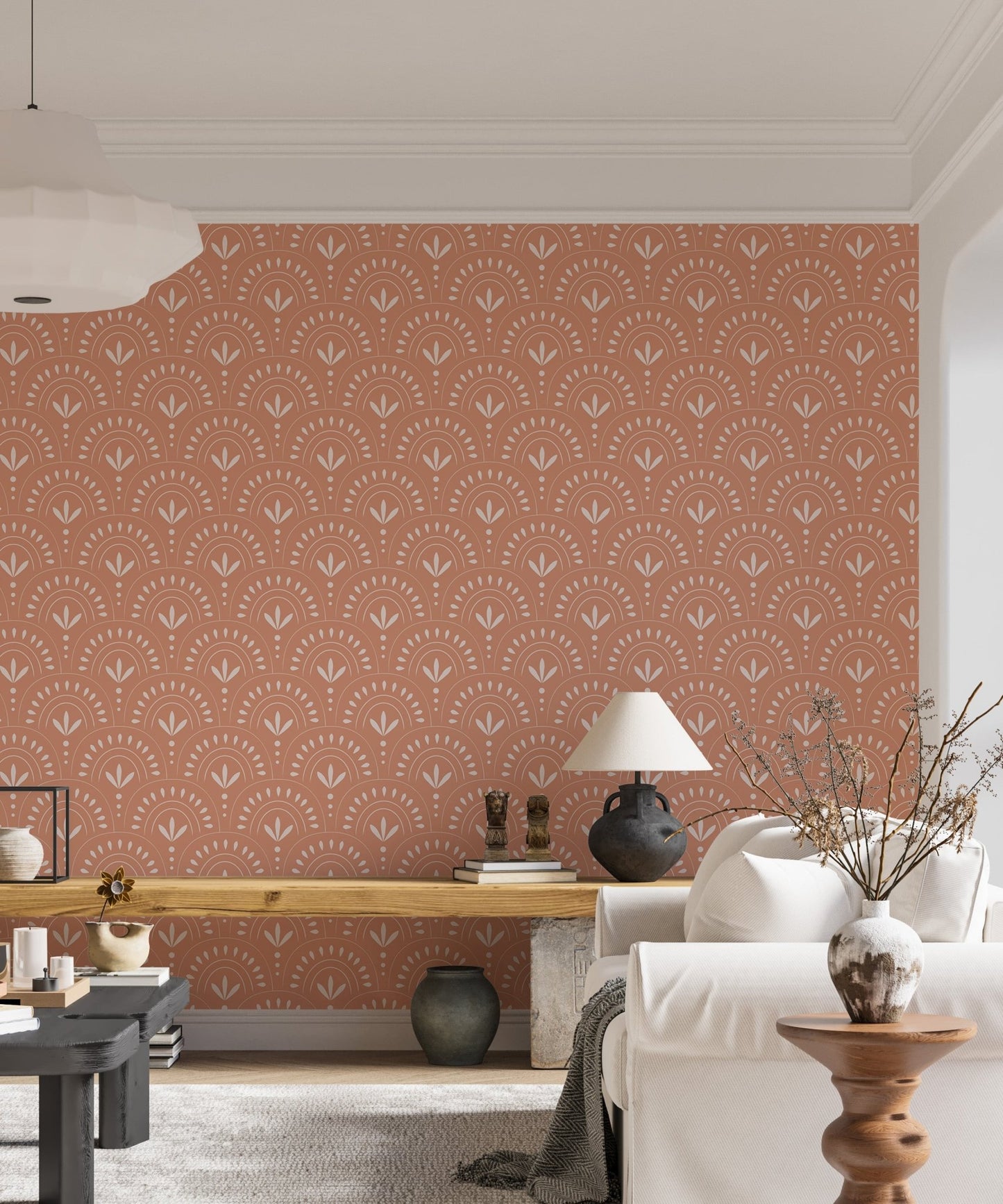 Kids room featuring boho orange wallpaper