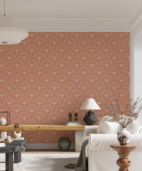 Kids room featuring boho orange wallpaper