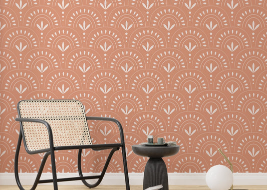 Boho style orange wallpaper in sitting  room with chair.