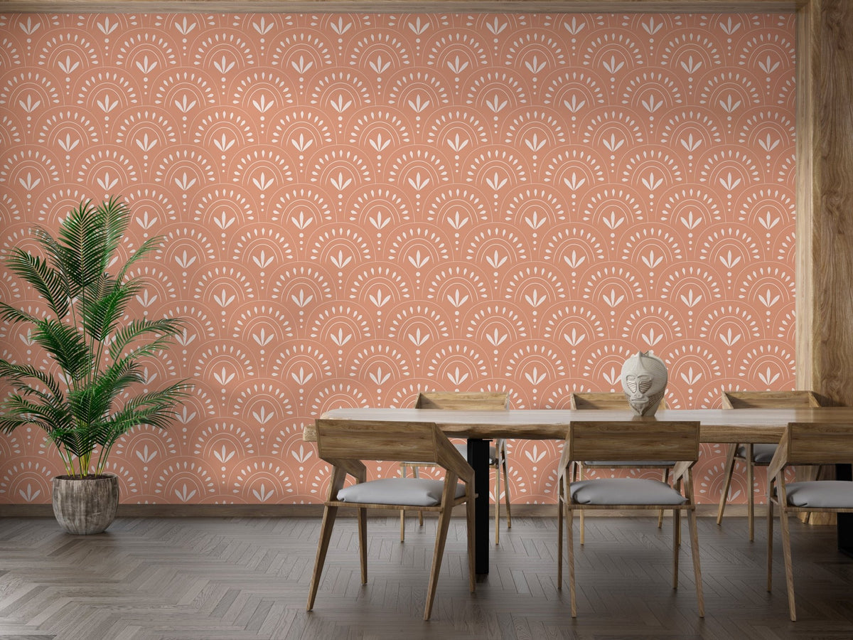 Boho style wallpaper with white arches in a large dining room area