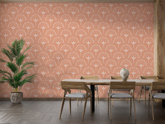 Boho style wallpaper with white arches in a large dining room area