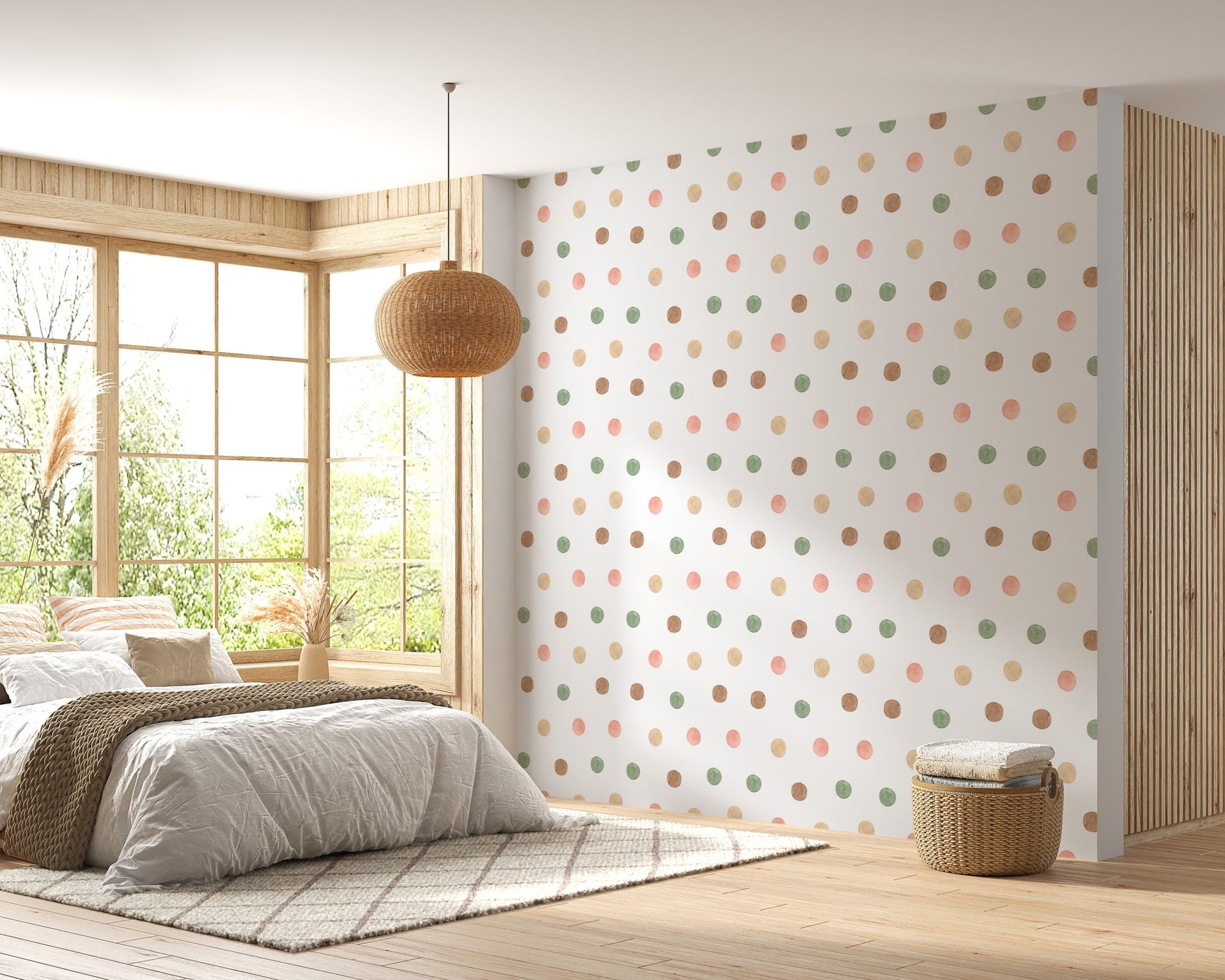 Watercolor polka dot wallpaper in a bright bedroom with a woven pendant lamp.