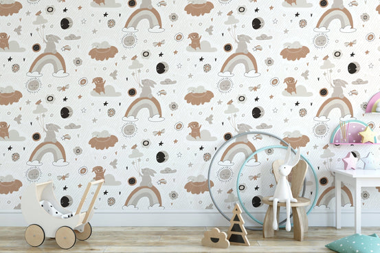 Cute Bohot Pattern Design Wallpaper in a playroom with a toy stroller.