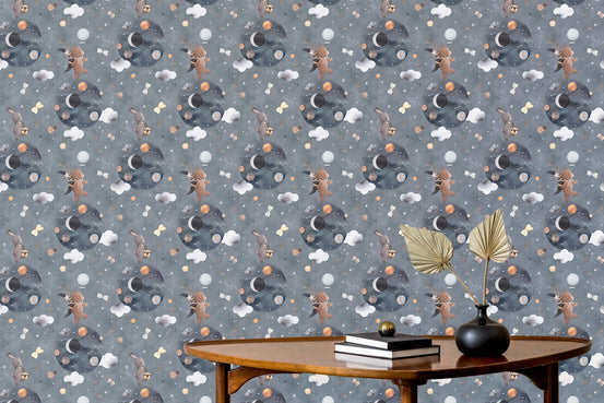 Bunny and bear space adventure wallpaper design for kids' rooms