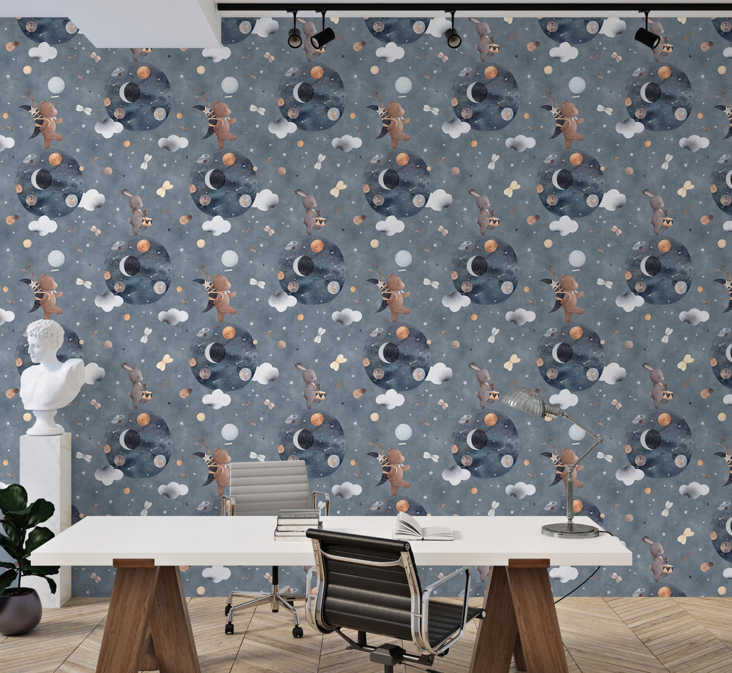 Cute Bunny and Bear Space Adventure Beautiful Kids Wallpaper in a bright office.
