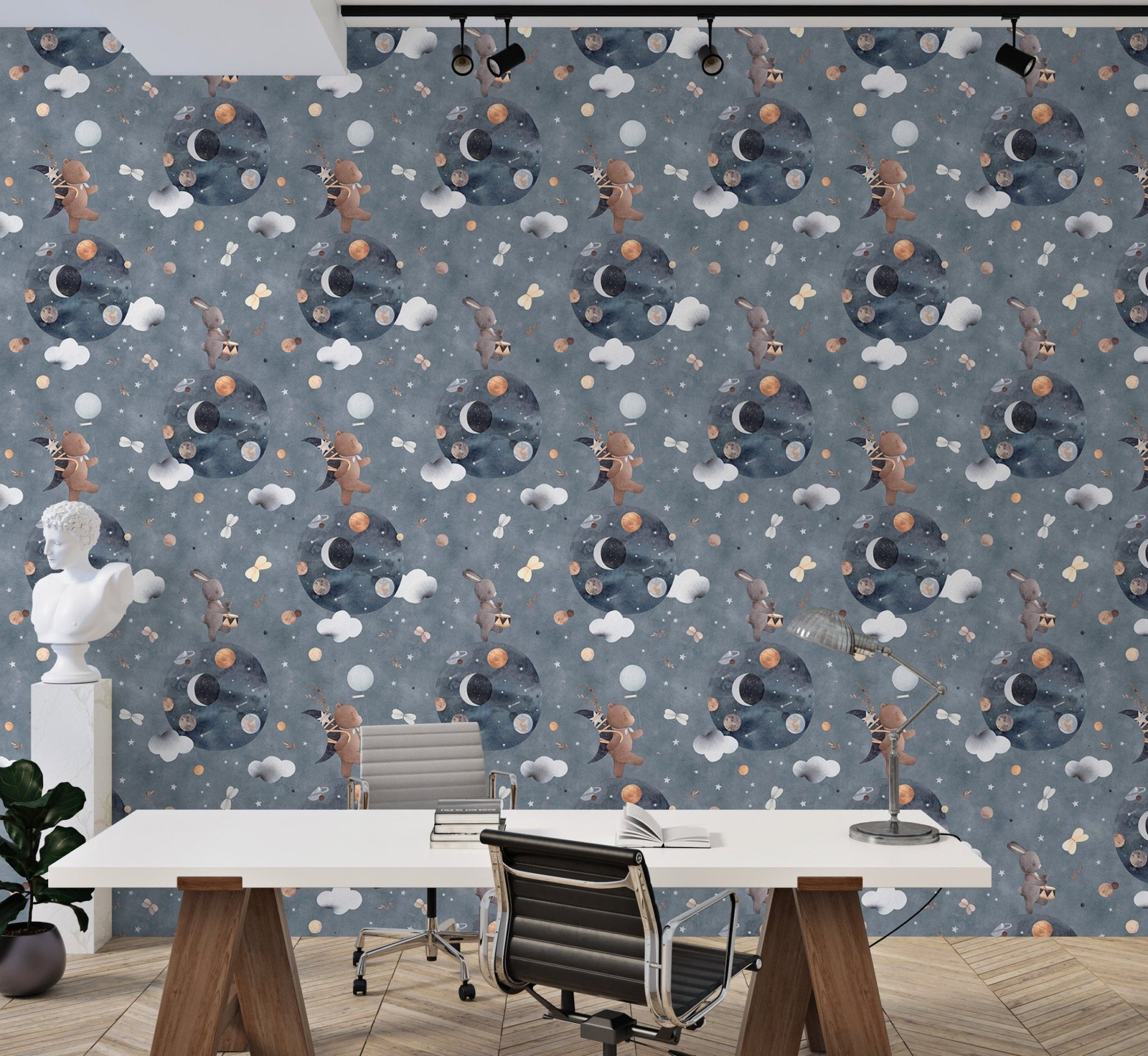 Cute Bunny and Bear Space Adventure Beautiful Kids Wallpaper in a bright office.