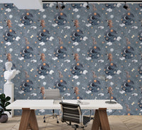 Cute Bunny and Bear Space Adventure Beautiful Kids Wallpaper in a bright office.