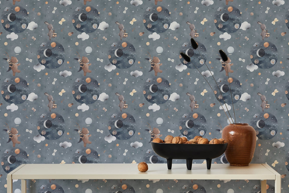 Cute Bunny and Bear Space Adventure Beautiful Kids Wallpaper behind a table with a bowl.
