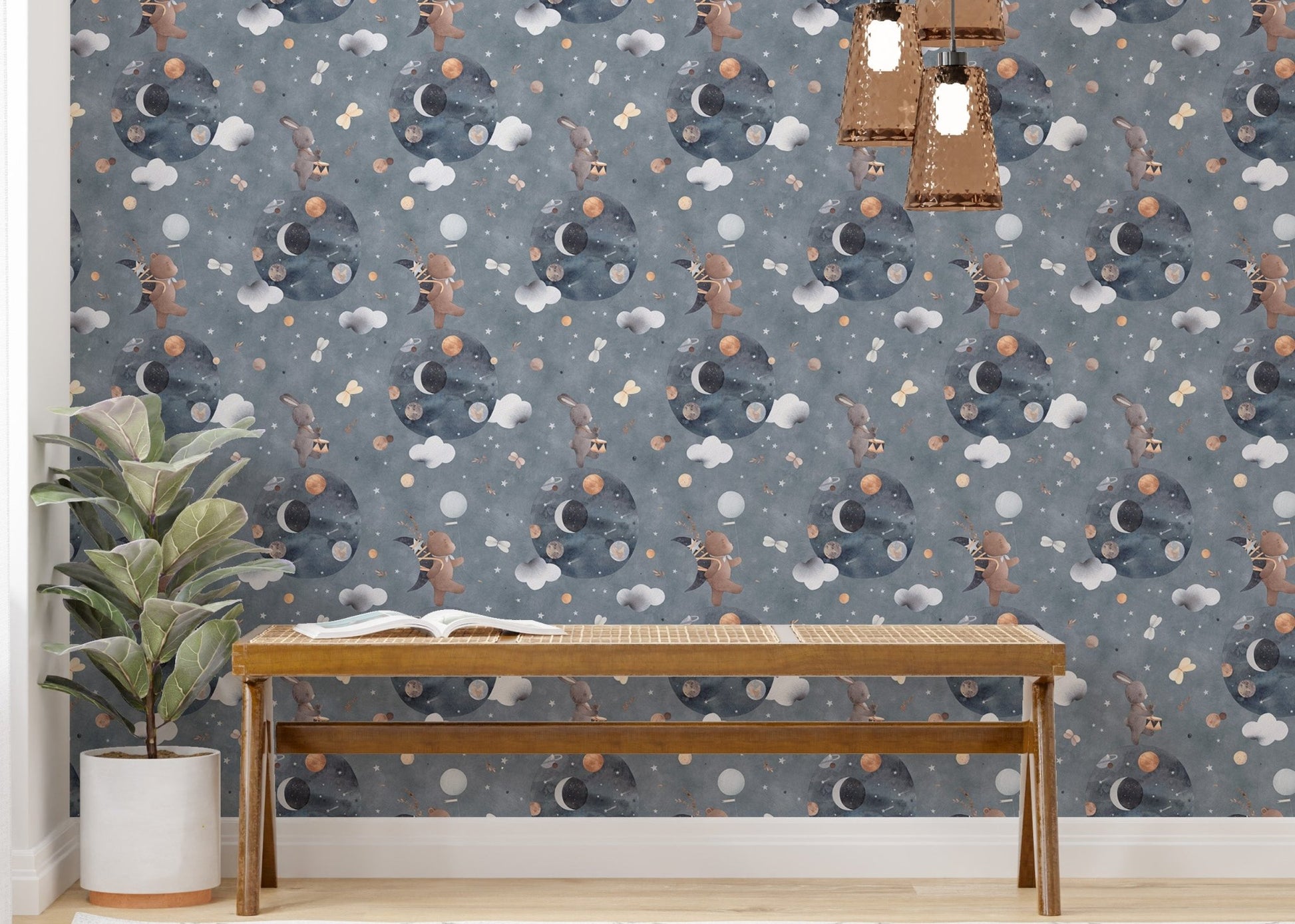 Playful wallpaper featuring bunny and bear astronauts in kids area.