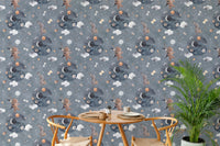 Kids wallpaper with bunny and bear astronauts in a dining area with wooden chairs.