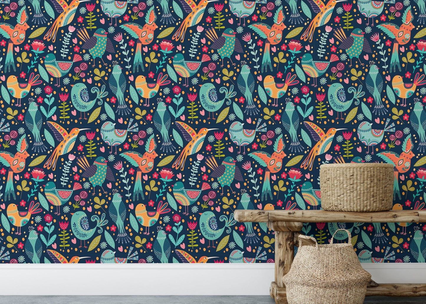 Cute Cartoon Colorful Folk Birds and Flower Wallpaper in a room with wooden shelves.