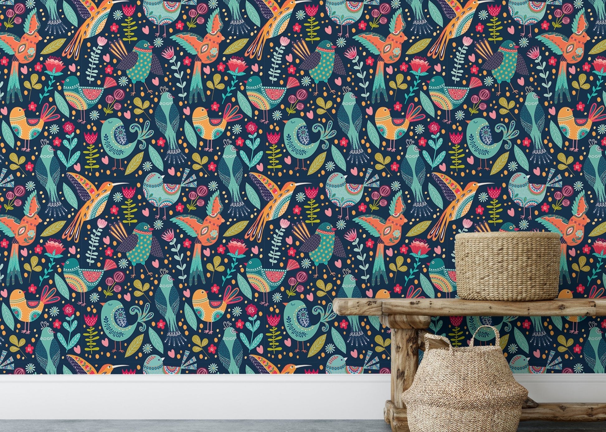 Cute Cartoon Colorful Folk Birds and Flower Wallpaper in a room with wooden shelves.