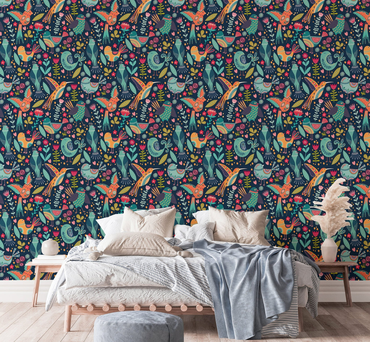 Dark navy wallpaper with teal and orange bird motifs in a bedroom setting.