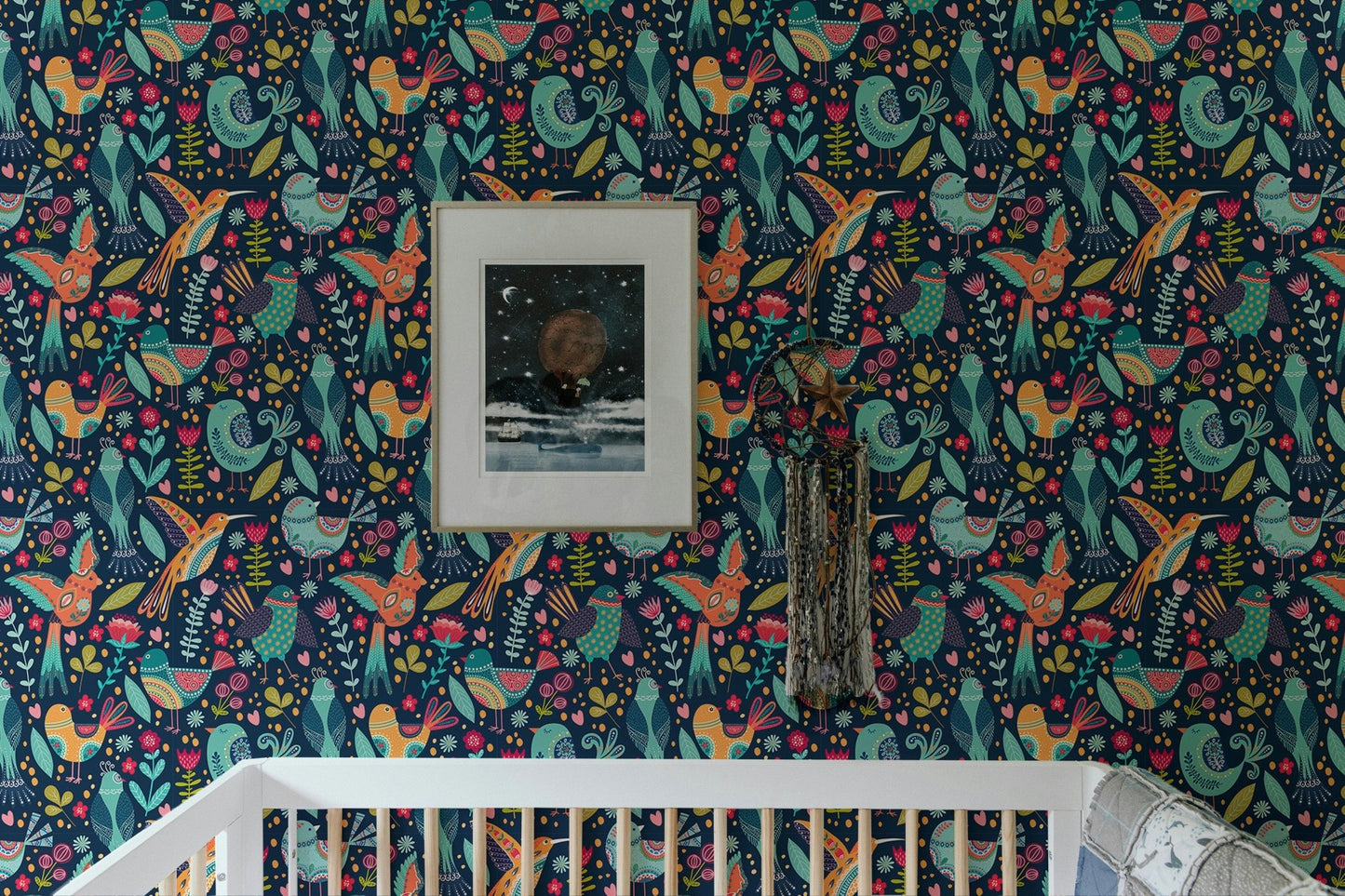 Cartoon bird wallpaper in a bedroom featuring white bedding and natural light.