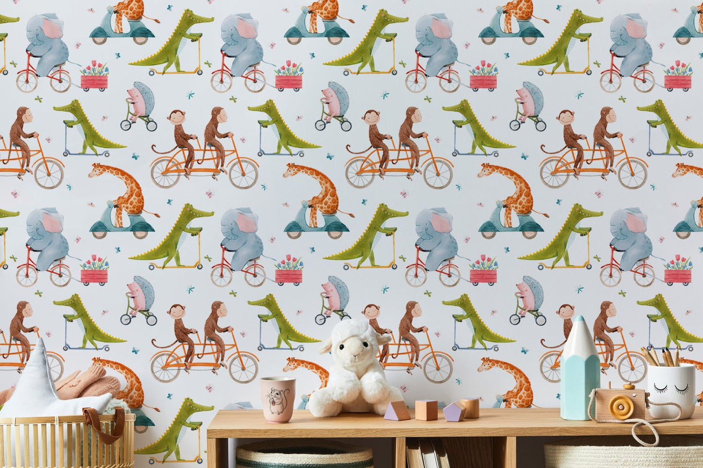Playful animal wall mural with orange and green tones for a child's nursery.