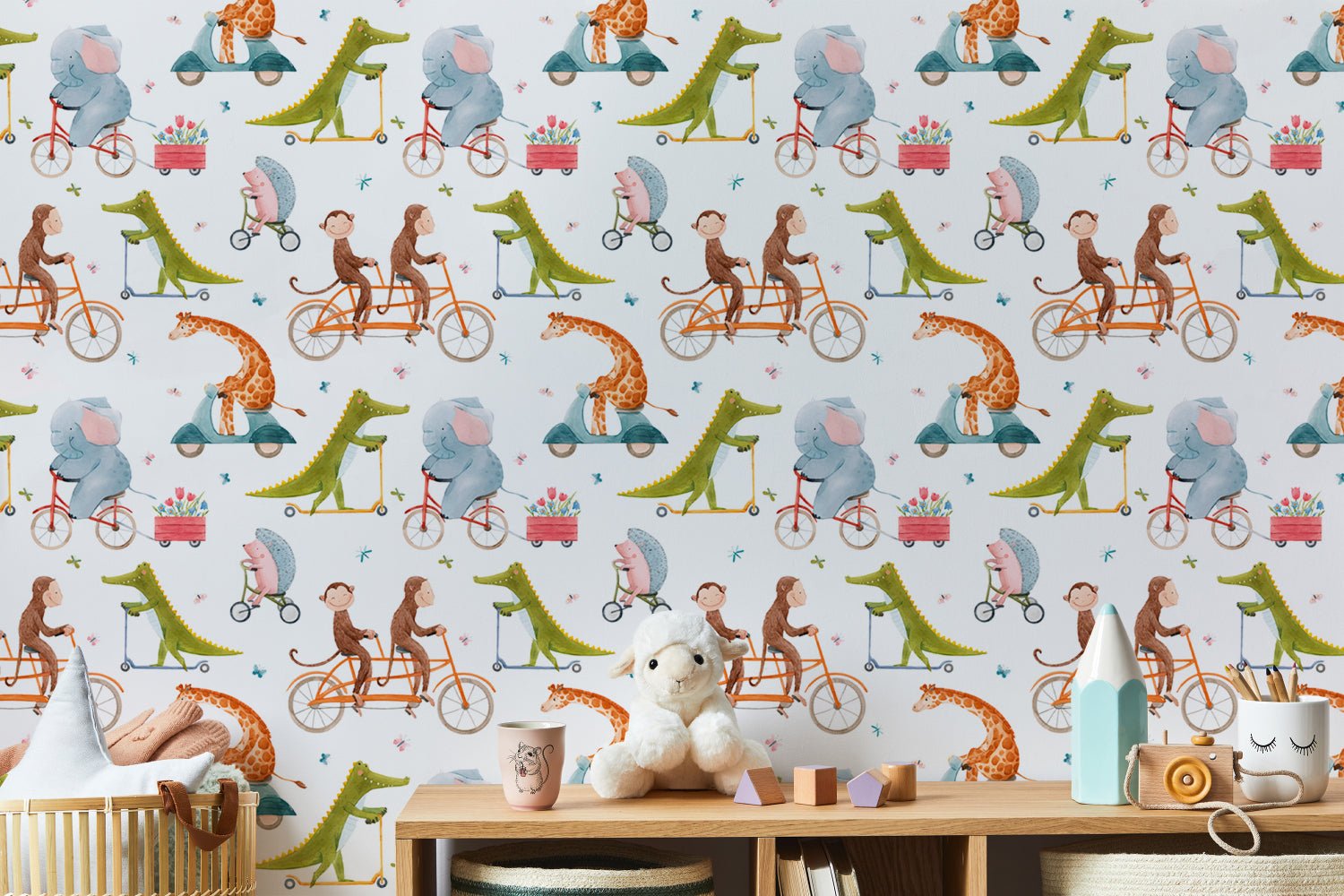 Playful animal wall mural with orange and green tones for a child's nursery.