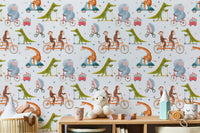 Playful animal wall mural with orange and green tones for a child's nursery.