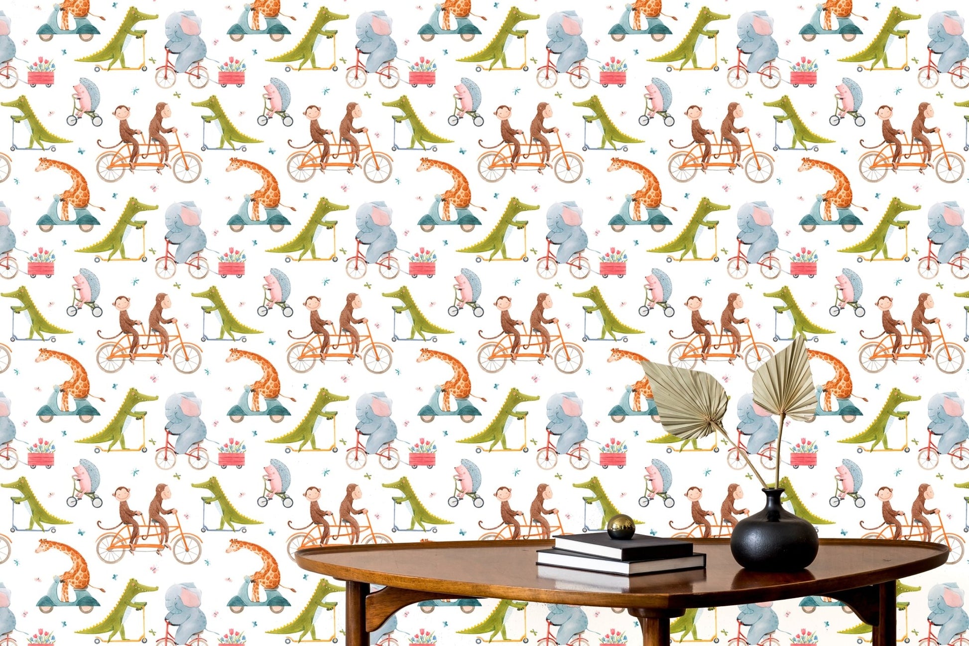 Patterned animal wall mural featuring orange giraffes on scooters in a bright room.