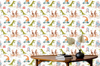 Patterned animal wall mural featuring orange giraffes on scooters in a bright room.