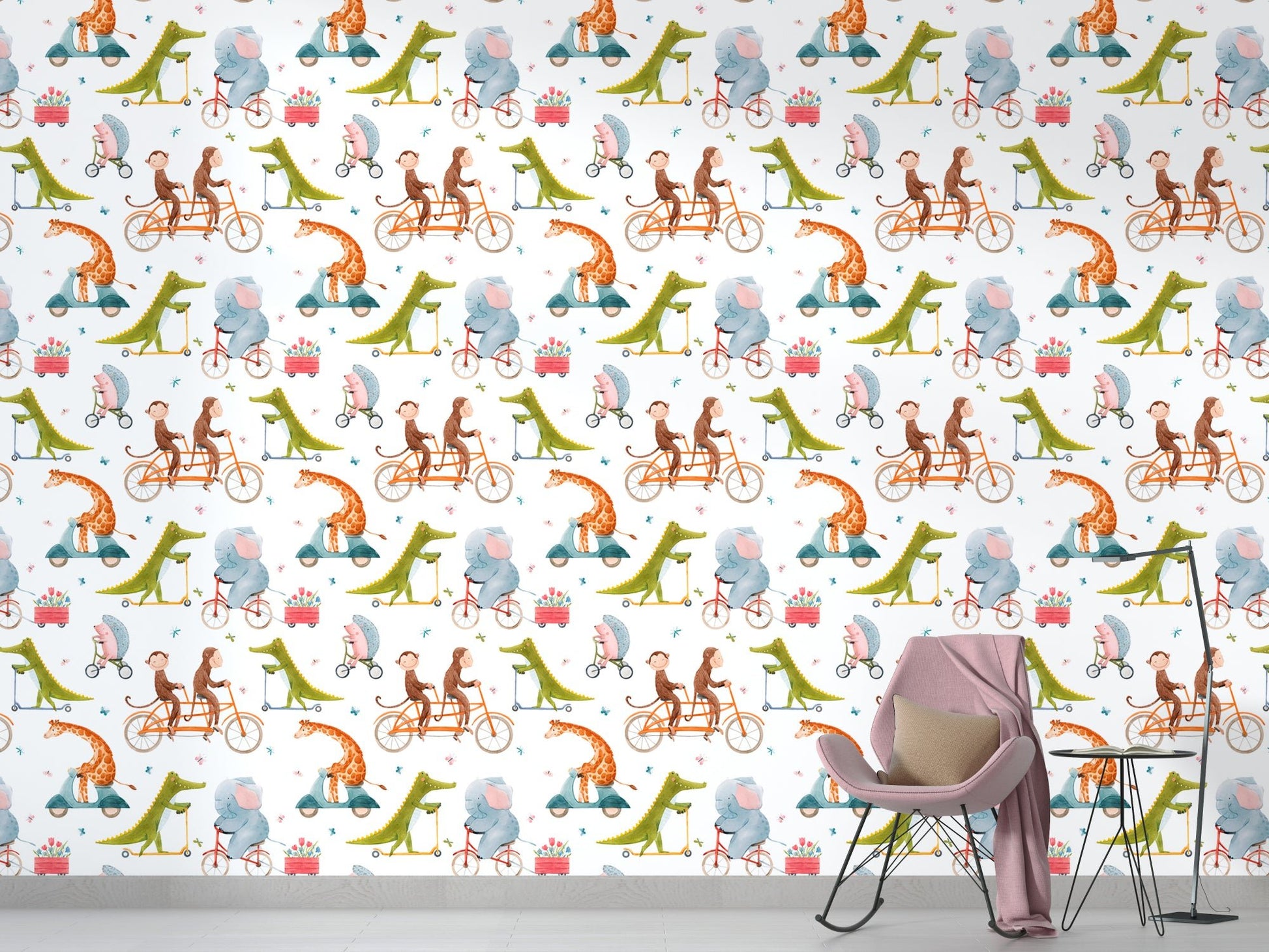 Whimsical wall mural with biking animals for children's room