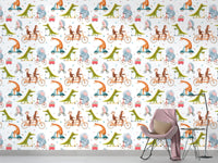 Whimsical wall mural with biking animals for children's room