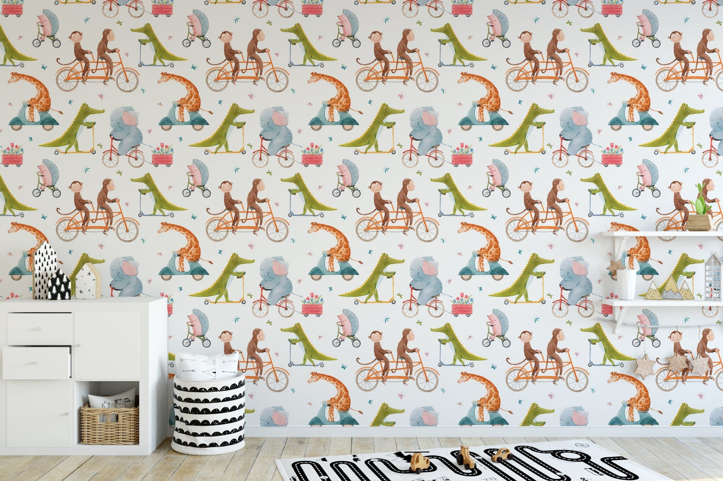Whimsical animal wall mural with repeating bike patterns in a play area.