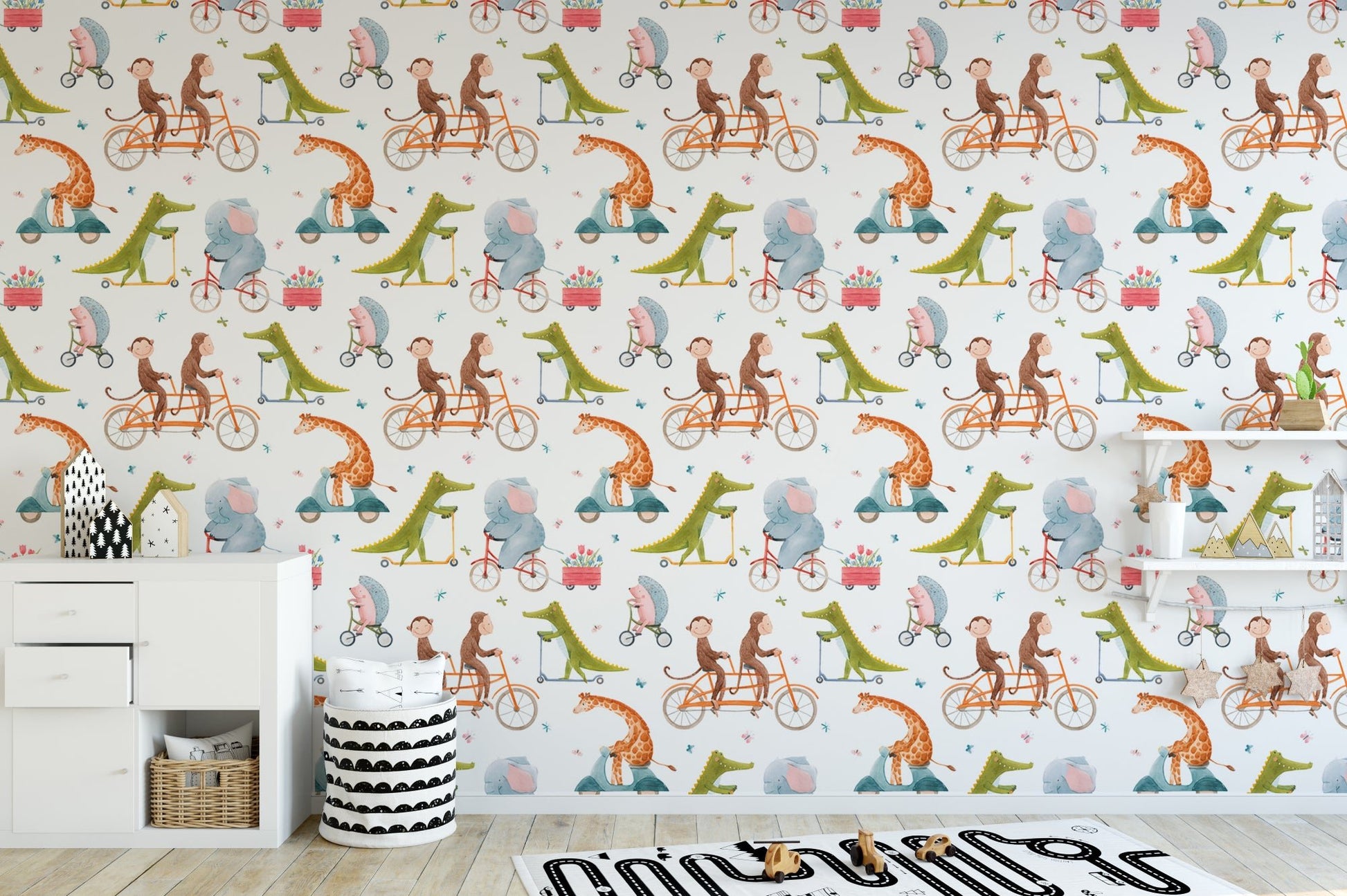 Whimsical animal wall mural with repeating bike patterns in a play area.