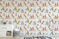 Whimsical animal wall mural with repeating bike patterns in a play area.
