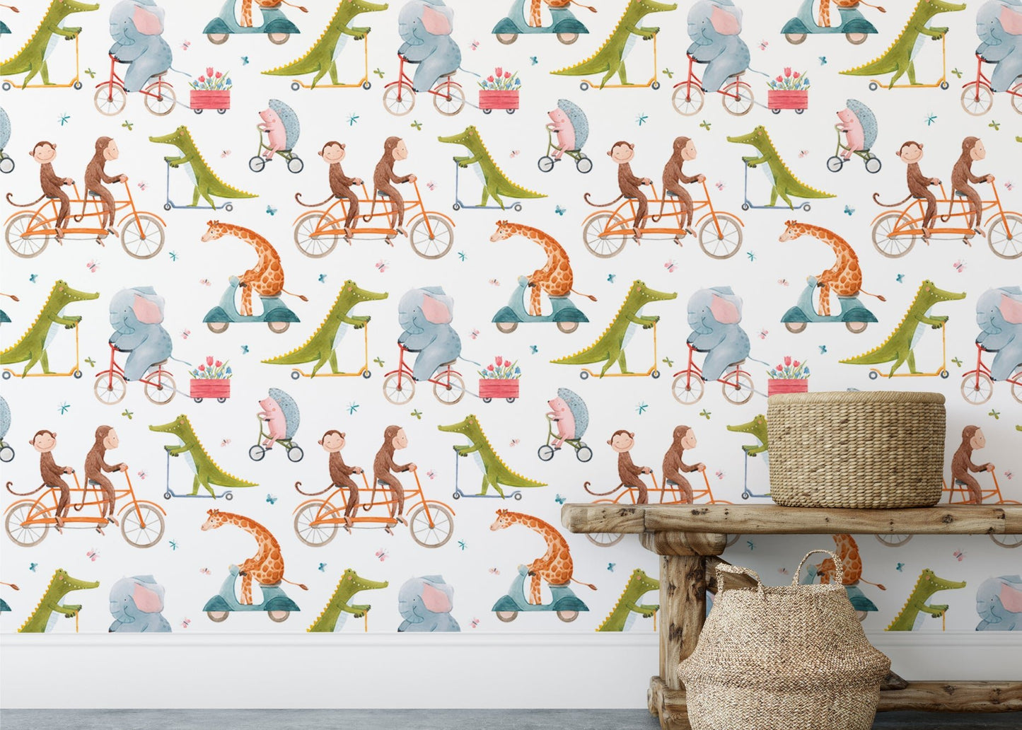 Cartoon crocodile and elephant on bikes wall mural behind a rustic wooden shelf.