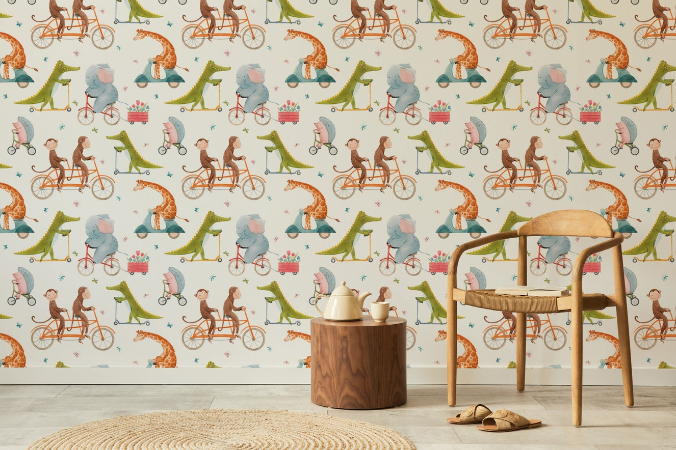 Adorable cycling animals wall mural for kids' rooms
