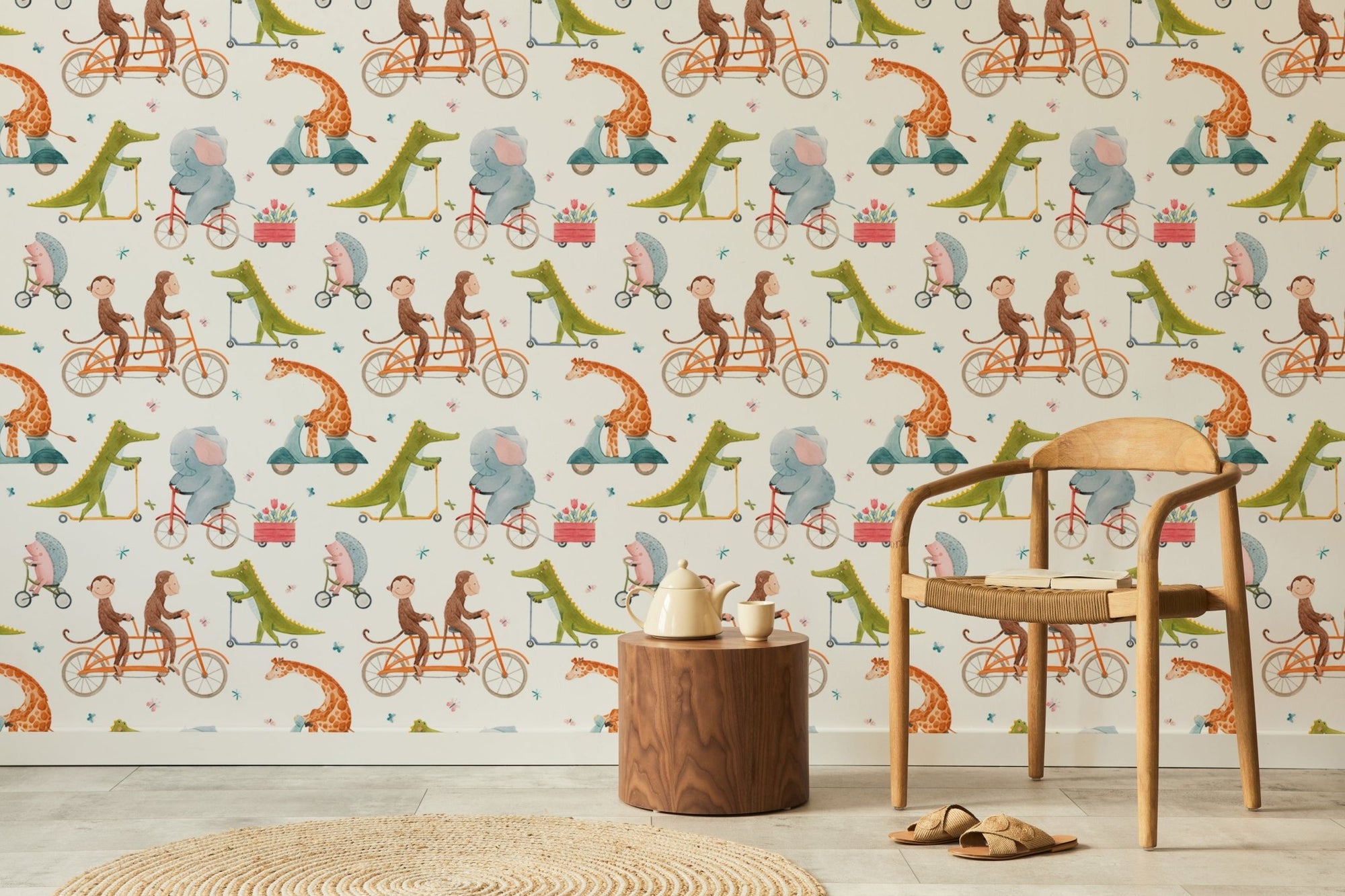 Adorable cycling animals wall mural for kids' rooms