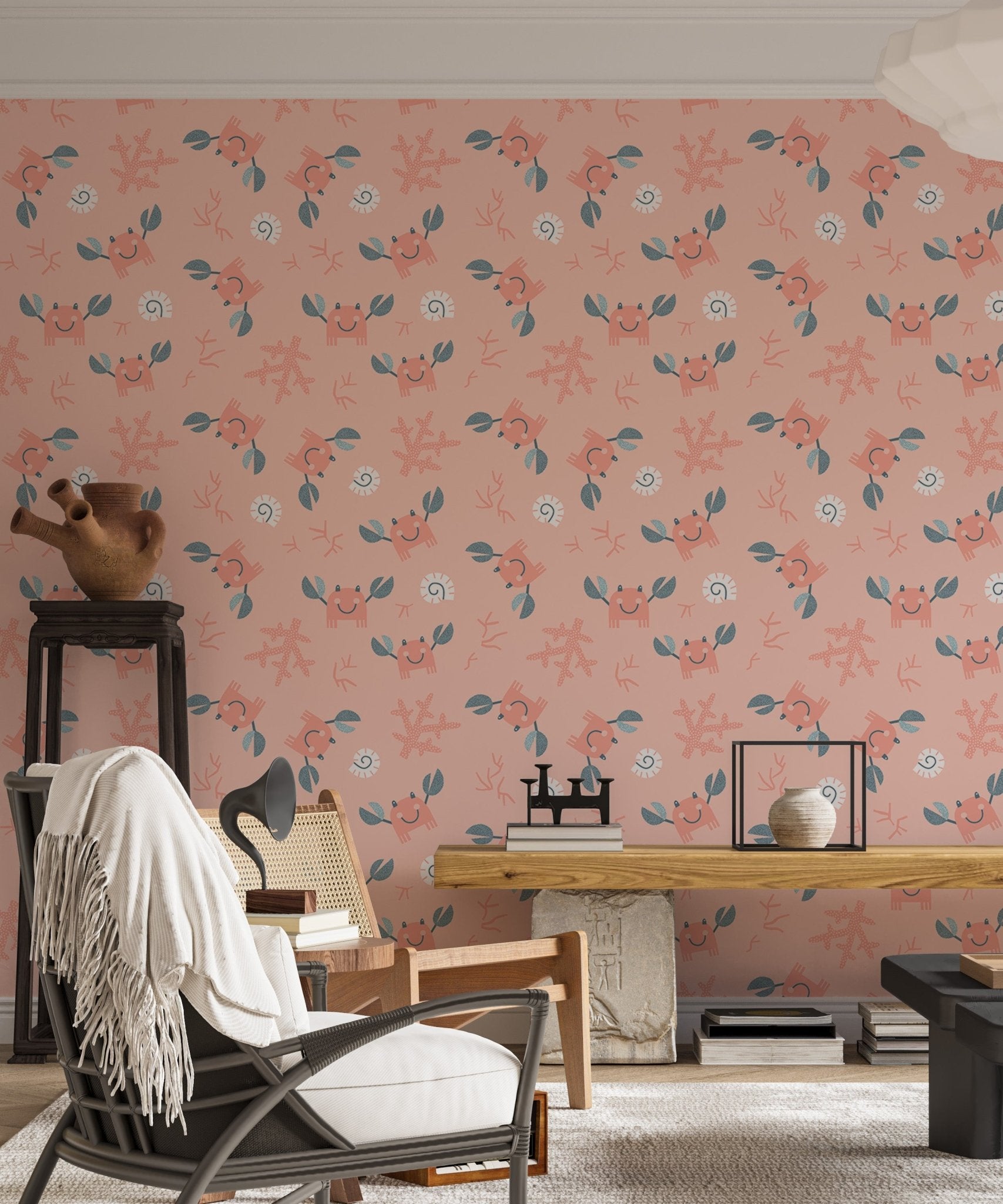 Sea life pattern wallpaper with pink background in a modern living space.