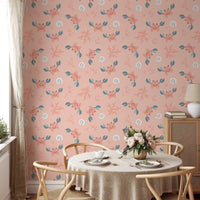 Cute crab sea shells pink pastel color wallpaper in a dining room with wooden chairs.