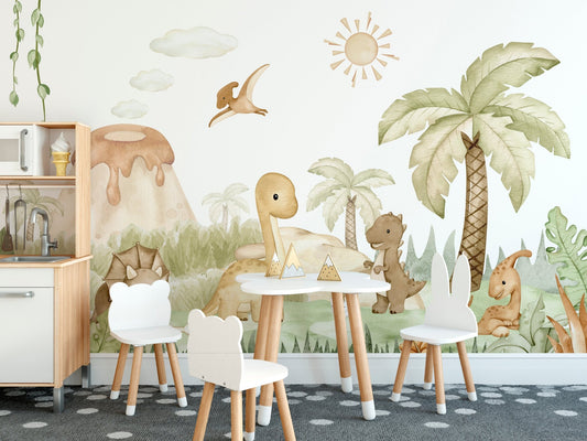 Pastel watercolor dinosaur wall mural for a soft nursery theme.