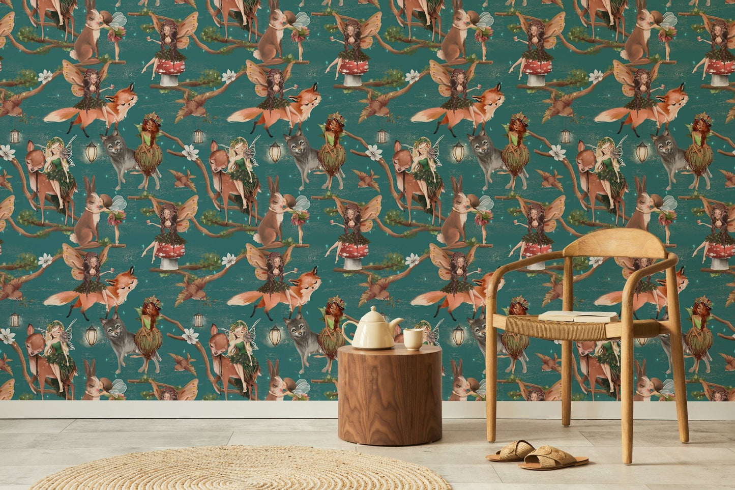 Forest animal and fairy wallpaper behind a wooden chair and round jute rug.