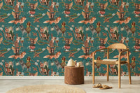 Forest animal and fairy wallpaper behind a wooden chair and round jute rug.