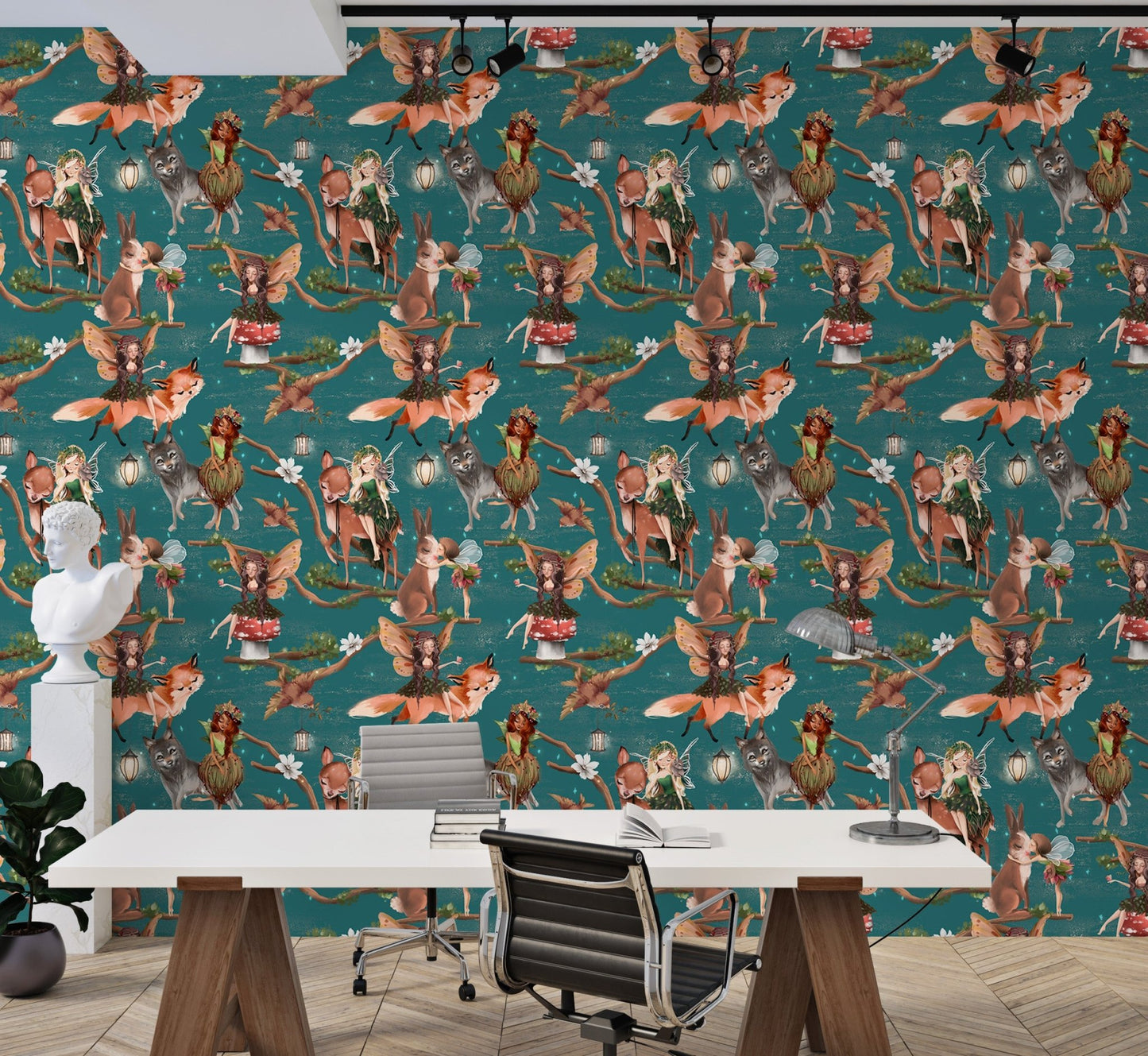 Teal forest animal wallpaper behind a modern office desk and white chair.